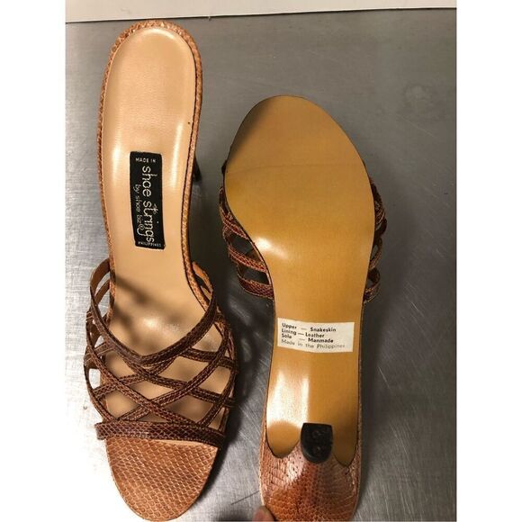Shoe Strings by Shoe Biz Women’s Open Toe Brown Snakeskin and Leather Heels. No - Picture 7 of 10